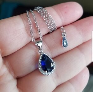 Swarovski Elements 925 Sterling Silver Blue Sapphire Teardrop Necklace NEW